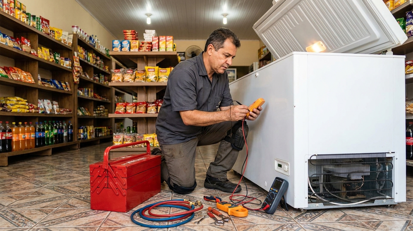 Recarga de gás refrigerante no freezer durante atendimento em Ponta Grossa‑PR