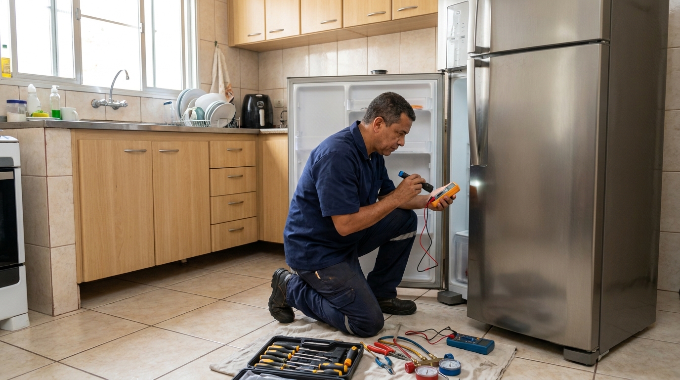 Técnico aplicando recarga de gás refrigerante em geladeira em Ponta Grossa‑PR